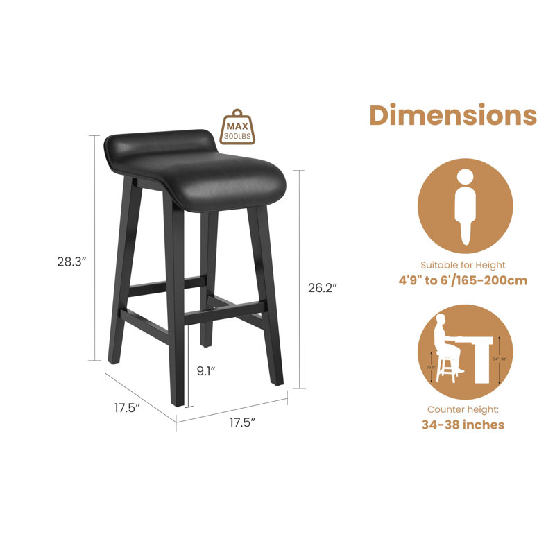 Ensemble de 2 tabourets de comptoir modernes de 26 pouces, tabourets de bar en similicuir noir avec structure et repose-pieds en bois massif, style Mid-Century