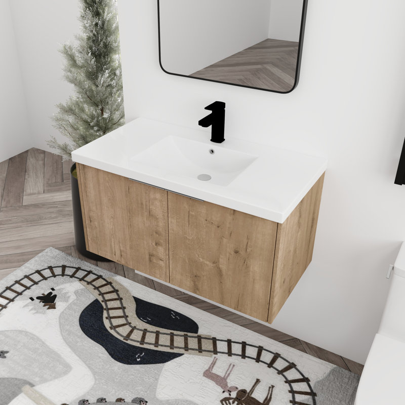 Meuble-lavabo mural simple 36 po avec plateau en résine, Imitation chêne