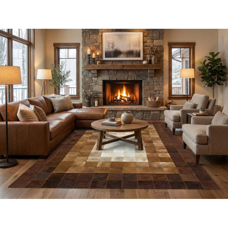 Tapis en cuir de vache à motif géométrique patchwork, Rectangulaire 4 pi x 6 pi