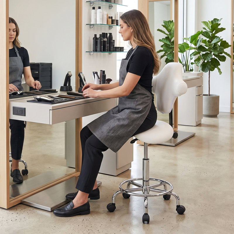 Tabouret ergonomique avec dossier, hauteur réglable par pression hydraulique rotative à 360°., Blanc