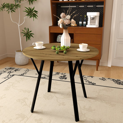 Table de salle à manger ronde 36,06 po, pieds en métal noir, plateau brun, look moderne pour 2 à 4 personnes de 36,06 po