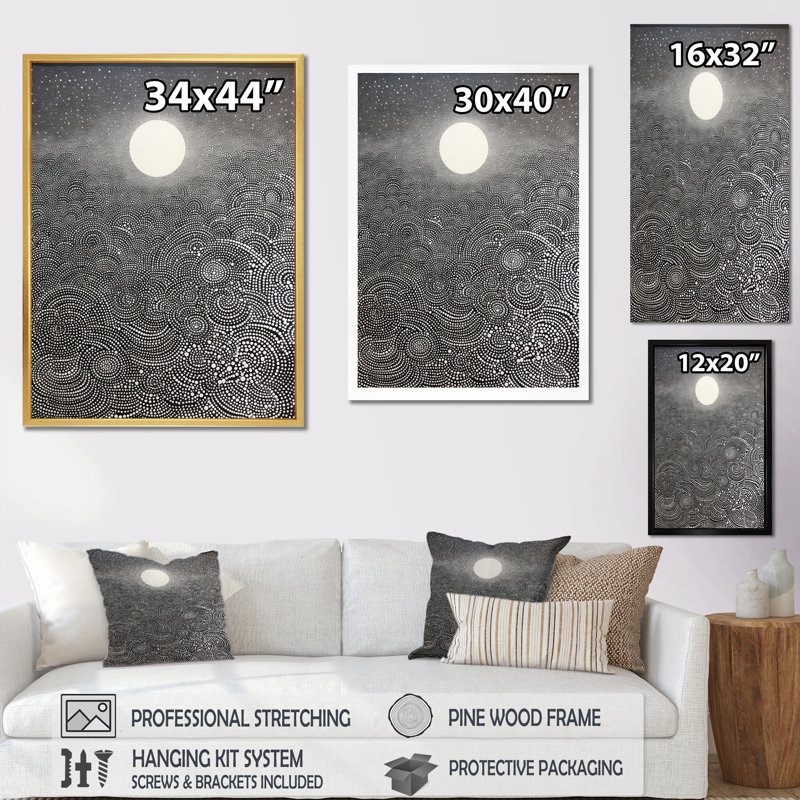 «Gray Abstract Full Moon Landscape», reproduction sur toile, H 40 po x l 30 po x P 1,5 po, Cadre flottant doré