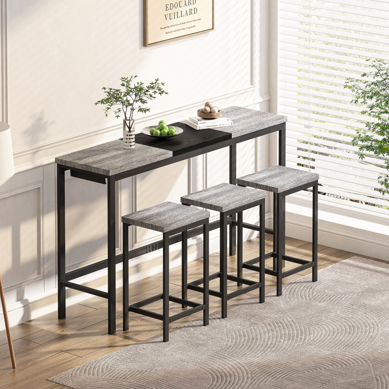 Table de salle à manger de cuisine moderne, table de pub, ensemble de table de salle à manger longue avec 3 tabourets, conception de tabouret suspendu pratique