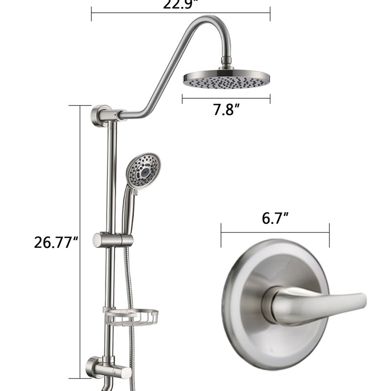 Brushed Nickel Shower Outfit With 59" Hose & Rain - Extended Reach Bath Stainless Steel System 5 Spray Patterns Swivel Spout Relaxing Experience