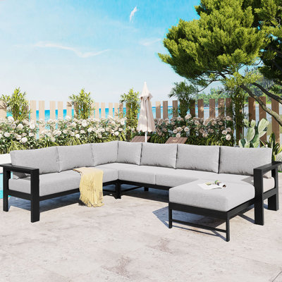 U-Shaped Outdoor Sectional Sofa Set With Thick 5.9-Inch Cushions, Heavy-Duty Iron Frame, Removable Water-Resistant Covers, And Spacious 5-6 Seat Configuration For Patios And Gardens.
