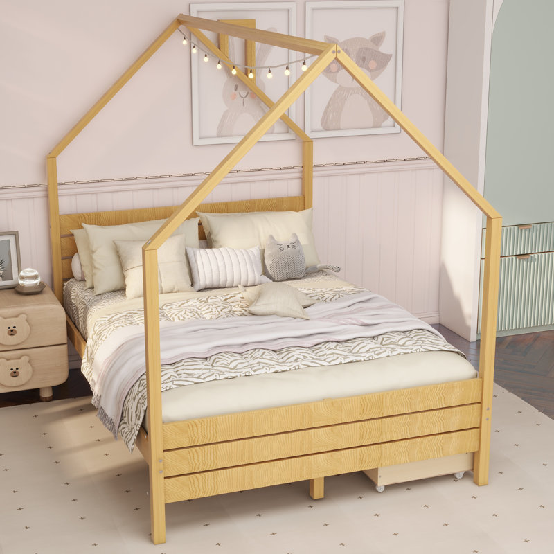 Cadre de lit double pour enfants, lit Montessori avec 2 tiroirs de rangement, lit double en bois avec tête de lit, aucun sommier requis, assemblage facile, naturel