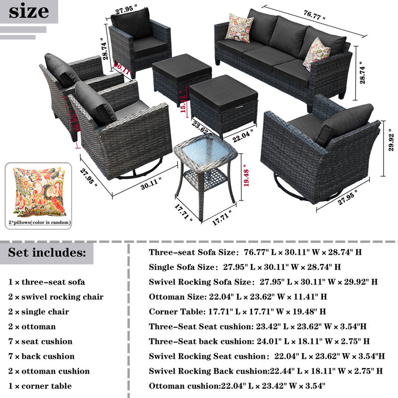 Ben 9 - Person Patio Conversation Set with Cushions, Black