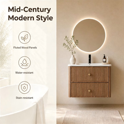 Meuble-lavabo mural simple de 61 cm (24 po) seulement, de style moderne du milieu du siècle, en bois cannelé avec coins arrondis, 2 tiroirs à fermeture douce