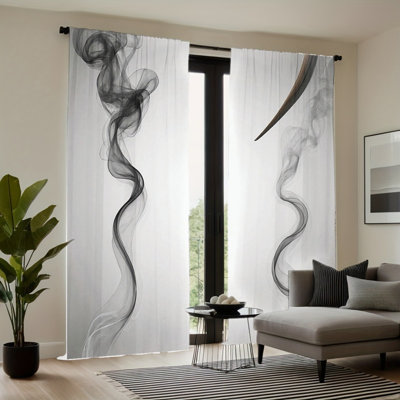 2PCS Black Grey Wavy Abstract Smoke Pattern Light Filtering Curtains, Contemporary Art Decor, Easy Hang Rod Pocket, All-Season Window Treatments for Living Room, Bedroom, Dormitory, Study