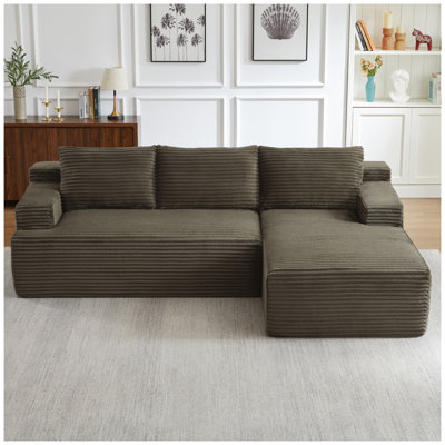 Canapé d'angle en velours côtelé d'une forme en L avec assises profondes, design modulaire infonuagique pour salon et appartement, aucun assemblage requis, brun