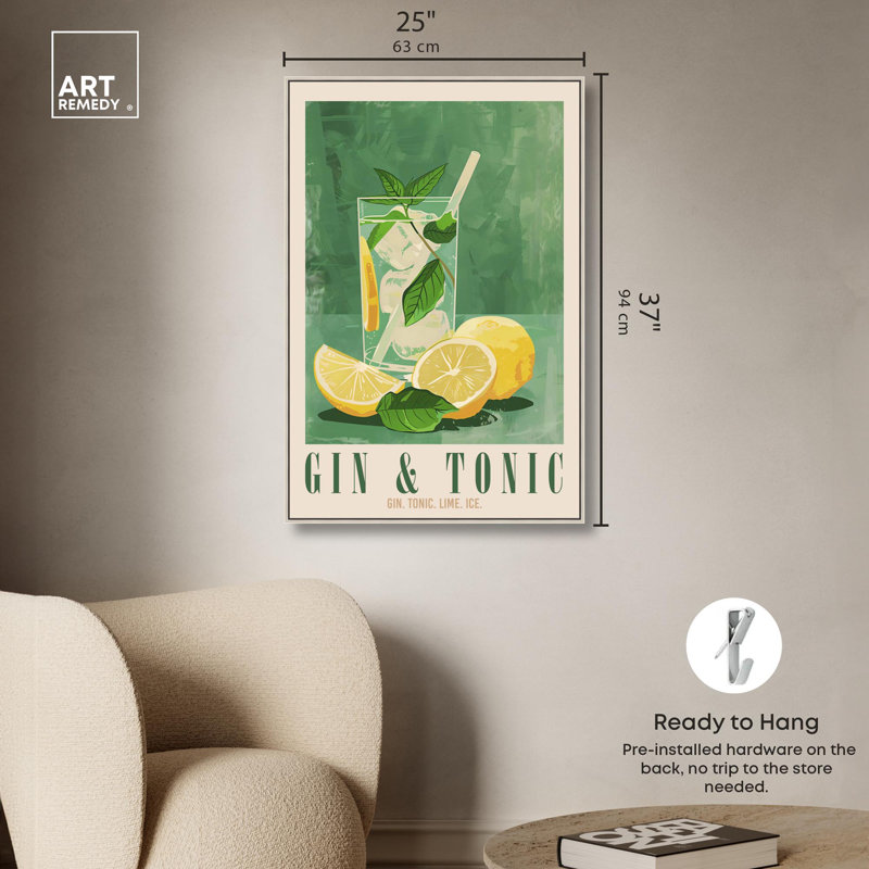 «Classy Gin And Tonic», affiche sur toile, art coloré par Art Remedy, Cadre argenté, H 25 po x l 17 po
