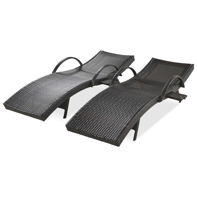 80'' Outdoor Wicker Chaise Lounge Chairs Set Of 2, Patio Rattan Reclining Chair Pull-Out Side Table Adjustable Backrest Ergonomic Wave Design Pool Sunbathing Recliners