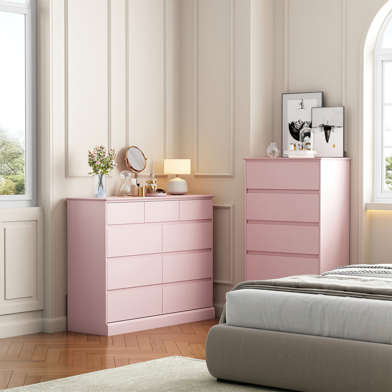Commode double 9 tiroirs, commode de 47,2 po Dornisha, commode de chambre à coucher moderne pour garde-robe et salon, Rose