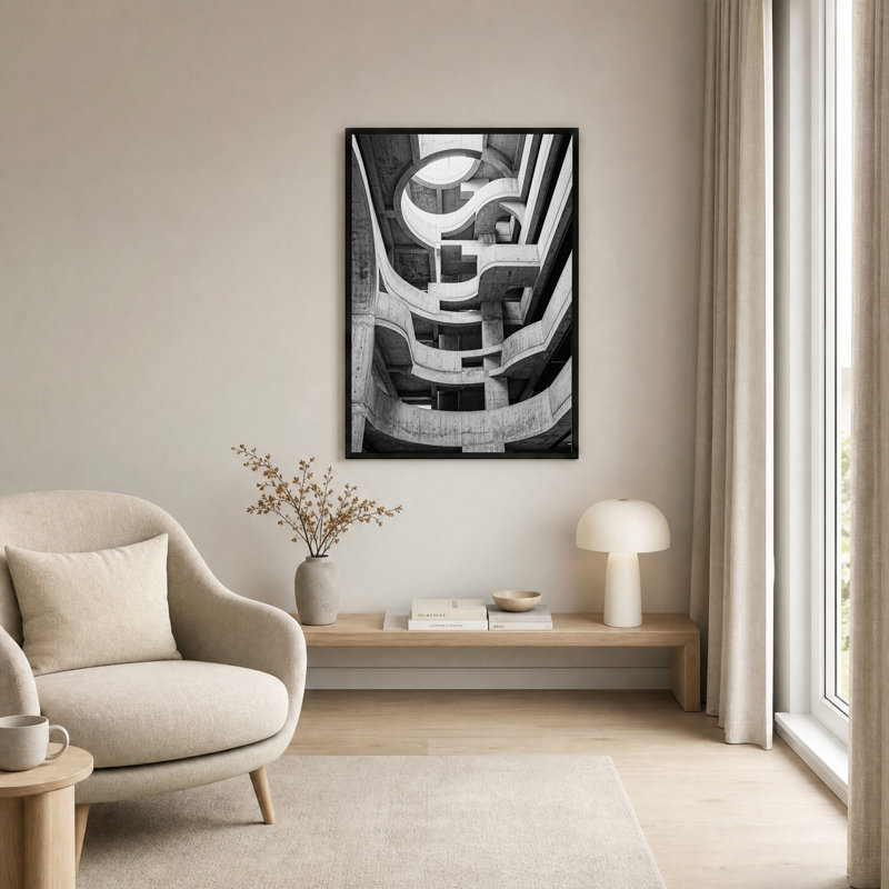 Tableau mural sur toile représentant une rampe en spirale en béton noir et blanc, H 30 po x l 20 po
