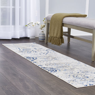 Rondo Damask Ivory/Blue Area Rug