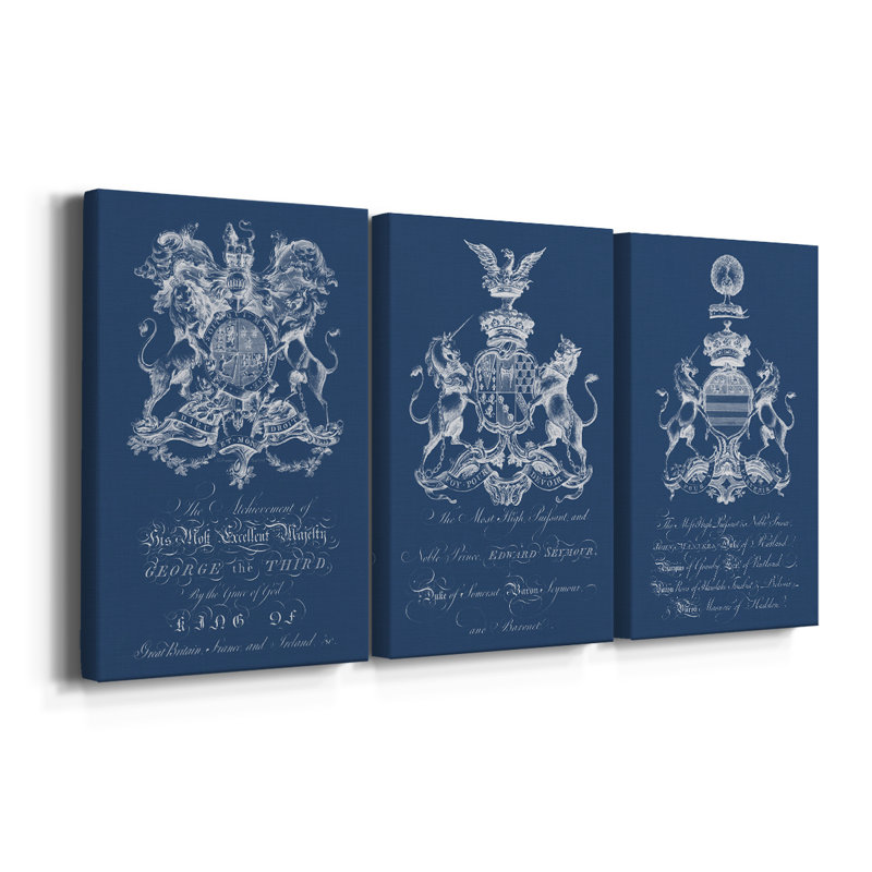 Heraldry on Navy I  -Custom Wrapped Gallery Canvas - 3 Pieces, 12" H x 24" W