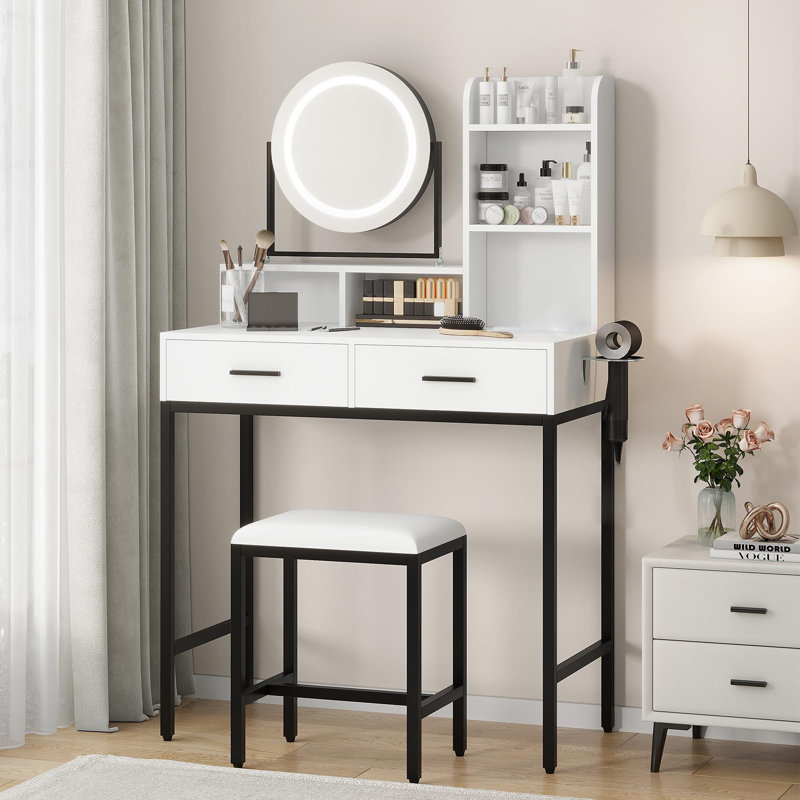 Makeup Vanity Desk with Adjustable Rotating Mirror, 29"W Large Dressing Table with 2 Drawers & Stool, Modern Makeup Vanity Table for Bedroom