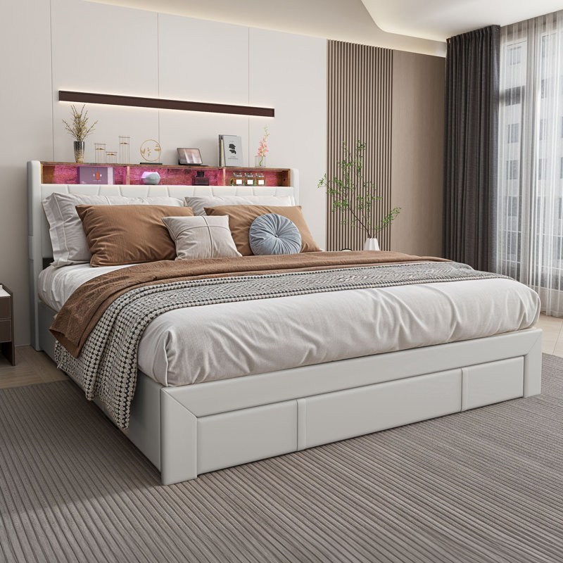 Upholstered Bookcase Storage Bed, King, White