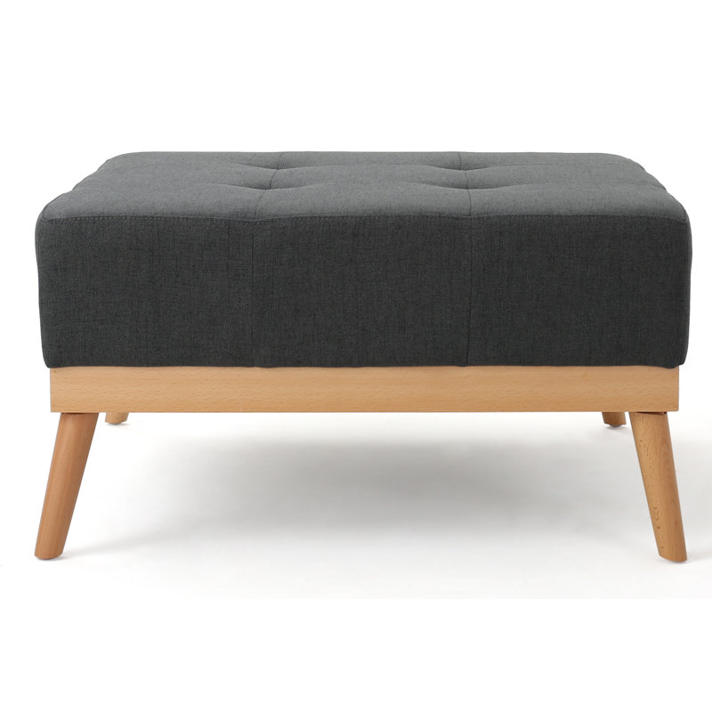Dark Gray Upholstered Square Ottoman with Natural Wood Legs