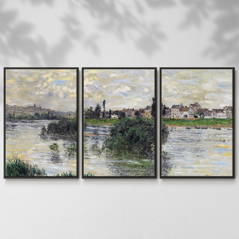 La seine à Lavacourt, 1879 3 pièces, Noir, H 40 po x l 78 po x P 2 po