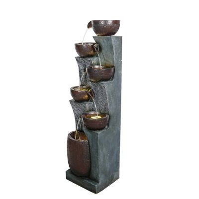 6-Tiered Outdoor Indoor Water Fountain,  53.5In High Poly-Resin Waterfall Fountain With Led Lights, Decorative Floor Standing Fountain For Garden, Patio, Yard, Home Decor