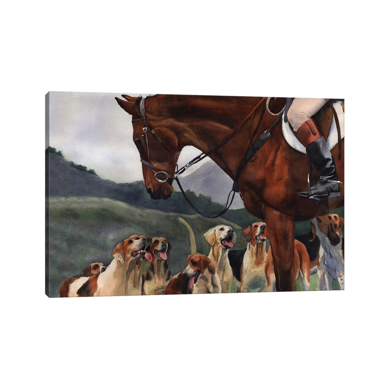 «Hunt Horse Hound» par Rachel Parker - reproduction d'art sur toile tendue, H 18 po x l 26 po x P 1,5 po