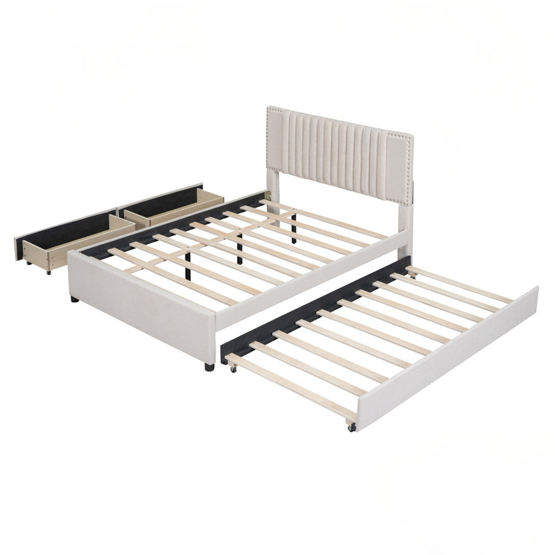 Lit plateforme tapissier avec 2 tiroirs et lit gigogne simple TG, Beige, Double