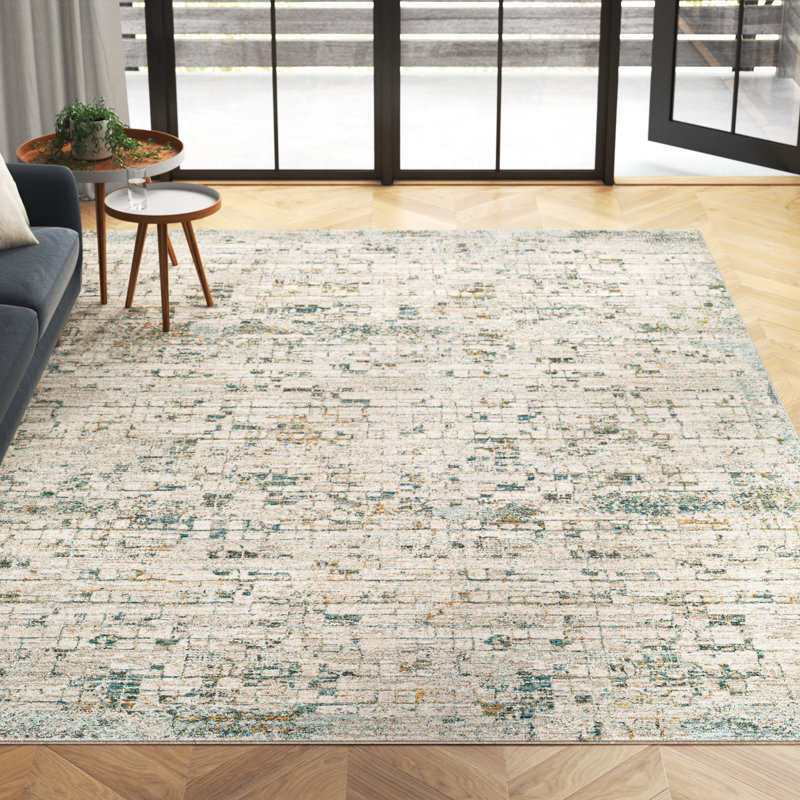 Tapis abstrait en polyester tissé à la machine abstrait bleu sarcelle / olive / beige, Tapis de couloir 2 pi 7 po x 10 pi