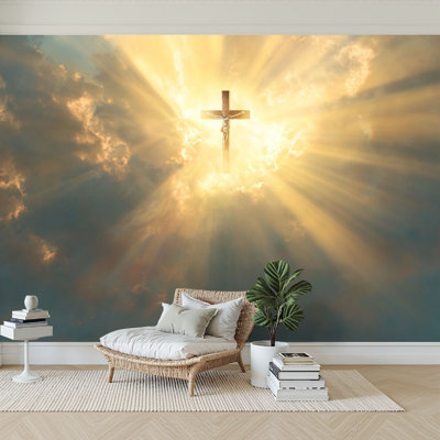 Peel and Stick Wallpaper 96" W x 69" H Modern Self Adhesive Wall Mural for Bedroom Christian cross appears bright gold sky