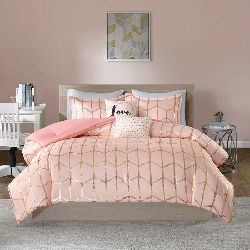 Ensemble d'édredon double imprimé métallique, Édredon double / grand + 4 pièces supplémentair, Rosé / or géométrique
