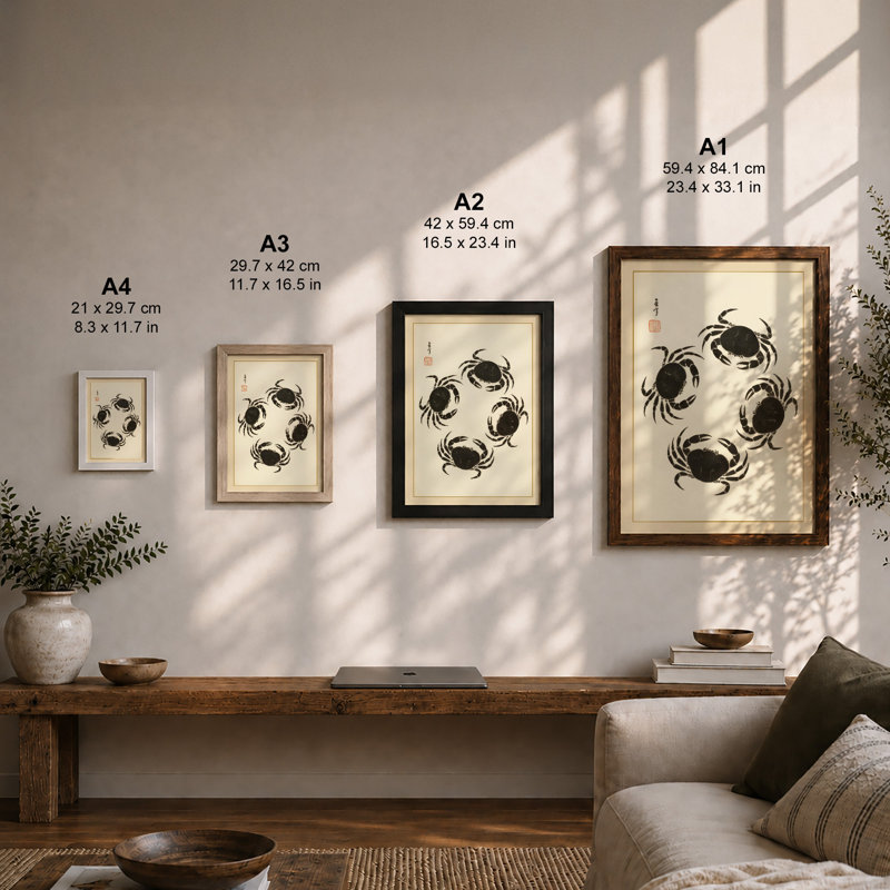 Four Crabs Japandi - Framed Print, Oak, A4 - 29.7 x 21.0 cm