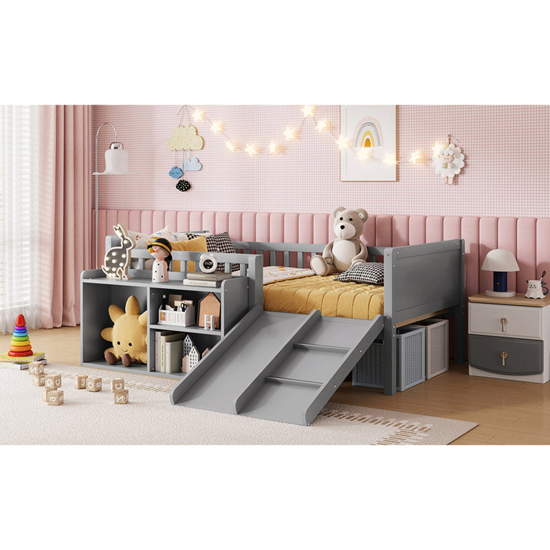 Lit mezzanine bas pour lit simple avec glissade, rangement mobile et bois massif gris, espace de sommeil agréable pour la chambre à coucher