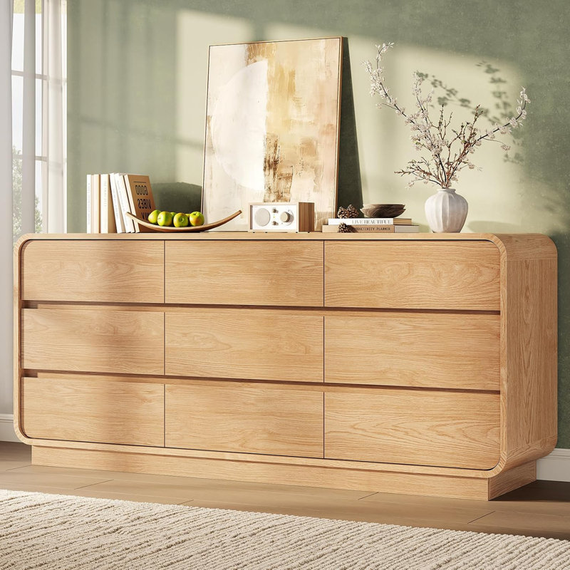 Commode 9 tiroirs pour chambre à coucher, commodes de style Mid-Century de 59 po de largeur, naturel, Brun