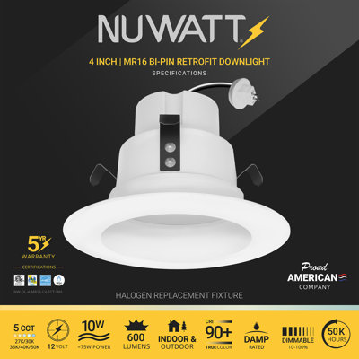 4 in. MR16 Low Voltage 12V Retrofit LED Can Light, 600LM, 10W, 5CCT Dimmable Recessed Downlight 6PK