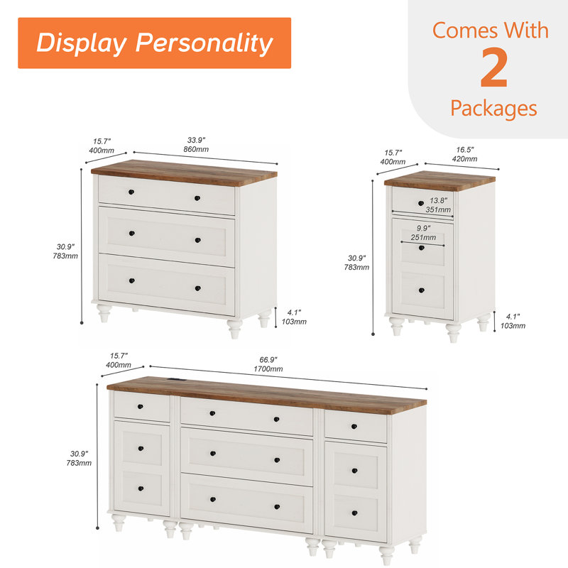 Mid Century Modern Dressers With Charging Station, Dresser For Bedroom With 5 Drawers And 2 Storage Cabinet, White/Brown