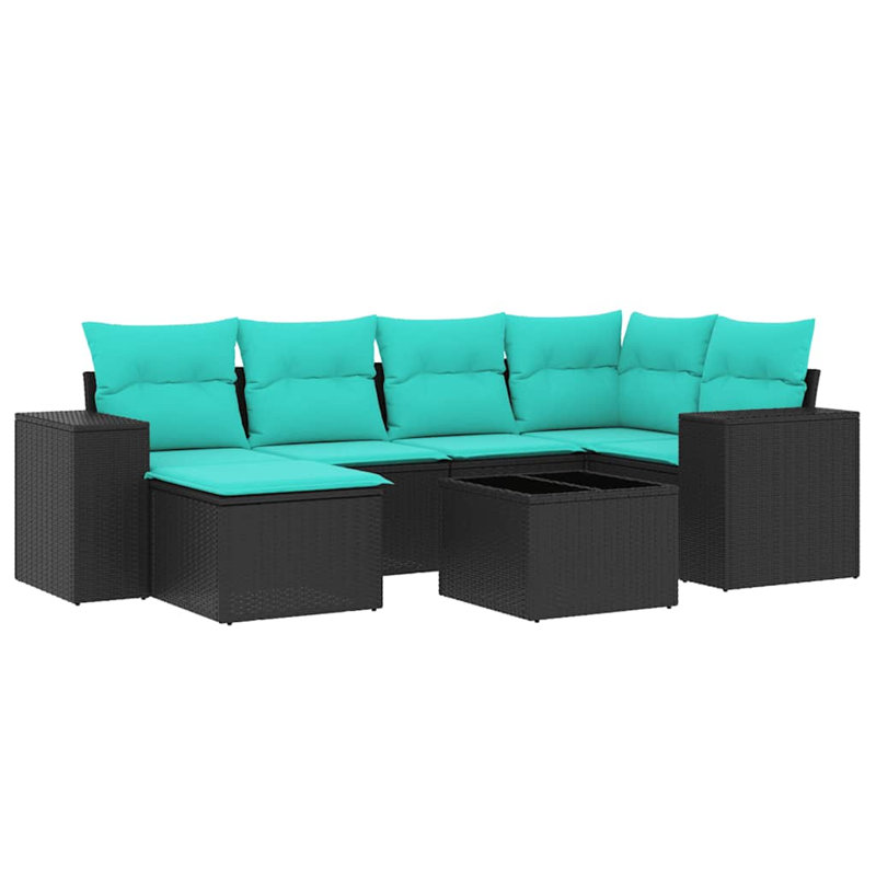 Ensemble de canapé de patio 7 pièces avec coussins en rotin de polyester, Bleu clair, Noir