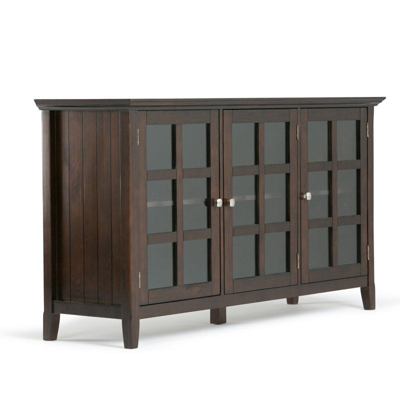 Acadian 62"W Solid Wood Transitional Storage Cabinet with Glass Doors and Adjustable Shelves, Brunette Brown