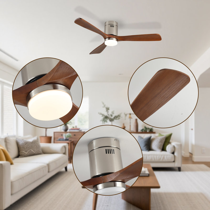 52 Inch Ceiling Fan With Light, 3 Light Walnut Solid Wood Blades,remote Control,6-speed Reversible Dc Motor For Bed Room,dining Room,living Room.