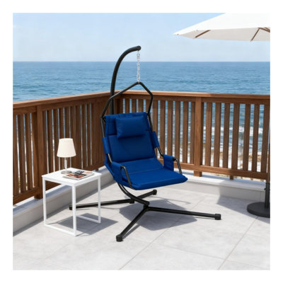 Balancelle suspendue avec structure et support en acier, fauteuil hamac avec accoudoirs rembourrés, tissu Oxford noir et bleu foncé