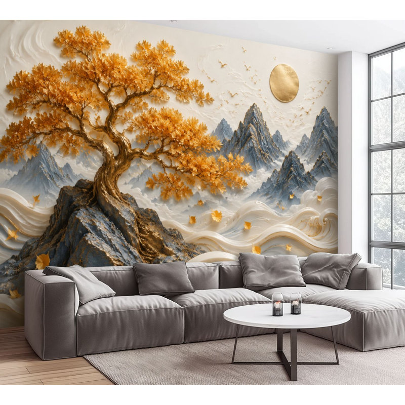 Papier peint adhésif peler et coller Golden Tree Mountain Landscape Abstract Waves Misty Peaks Effect Papier autocollant amovible pour décoration de salon Chambre à coucher H 100 po x l 144 po