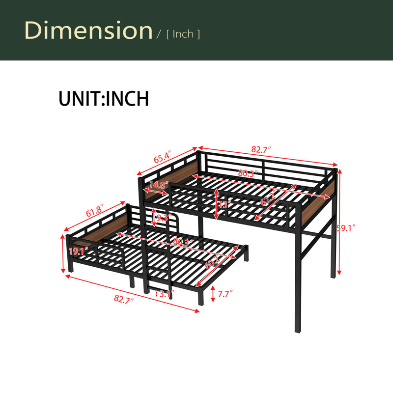 Queen Over Queen Metal Bunk Bed,Separable Bunk Beds,With Raised Security Fence, Walnut, Queen Over Queen