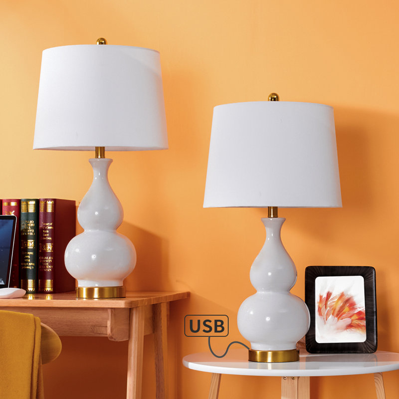 Conyers 26.5" Table Lamp Set with USB, Off-White/Very Light Gray