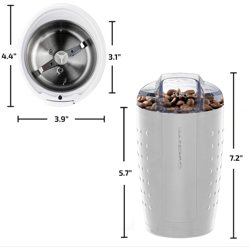 OVENTE Electric Coffee Grinder for Beans, Spices and More, 2.5Oz Compact Grinding Mill, Spice Grinder with Stainless Steel Blade, Pulse Button Operation and Transparent Easy to Open Lid, White CG225W
