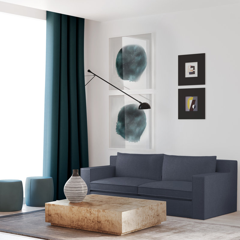 Causeuse Mulberry, Lin à tissage carré imprimé bleu, H 33 po x l 72 po x p 45 po, Patiné