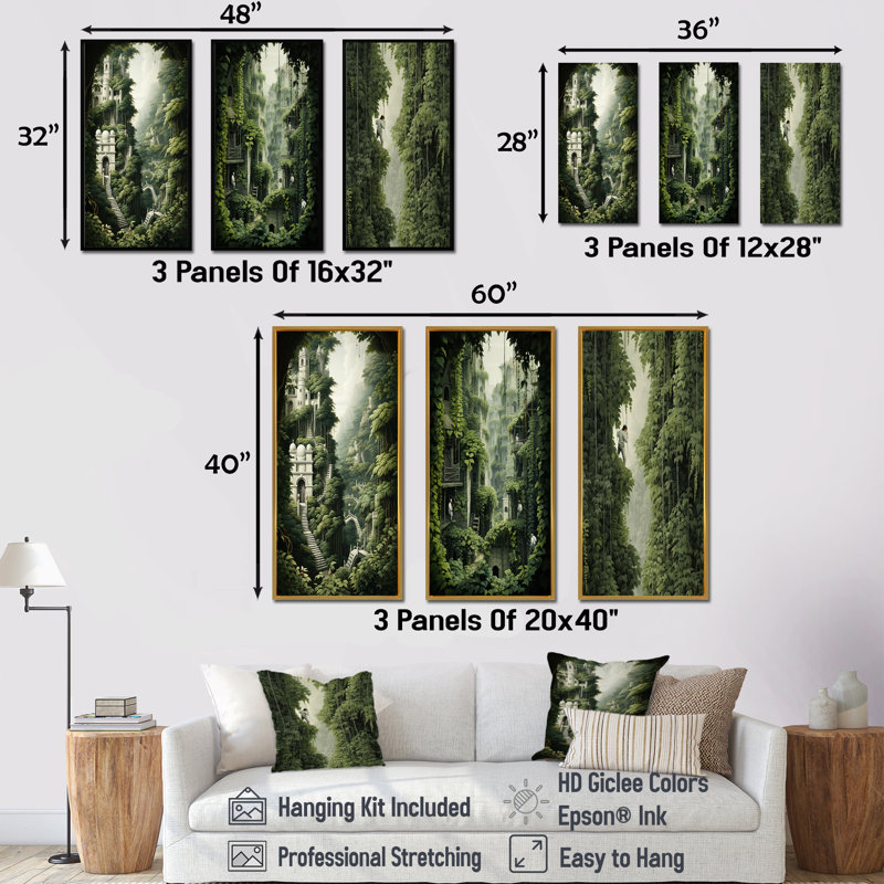 Château caché forêt dévoilée I - ensemble de 3 décorations murales forêt, Cadre flottant noir, H 32 po x l 48 po