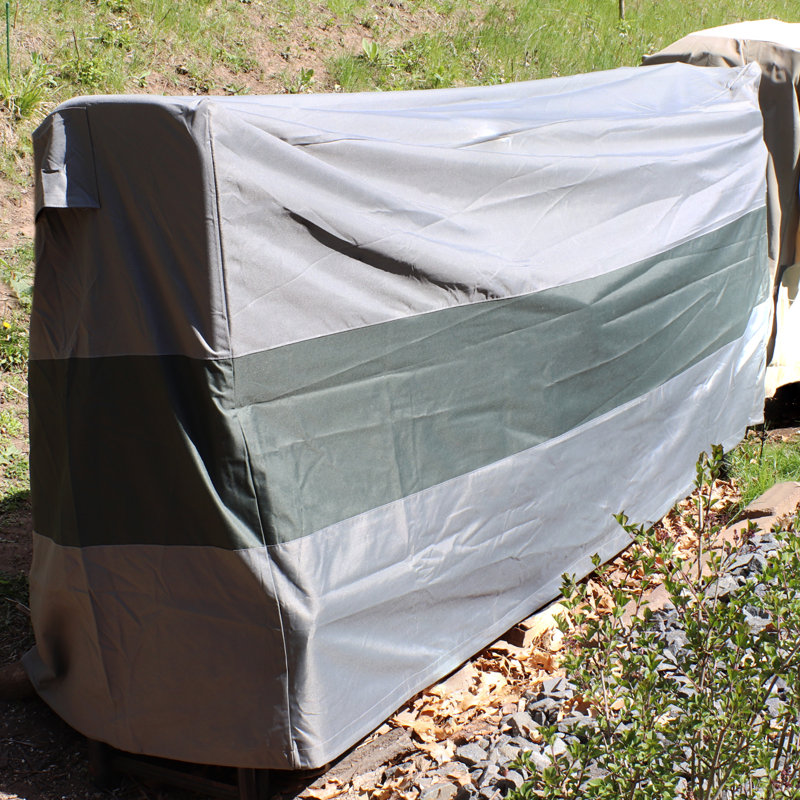 Jeannie Gray and Green Stripe Firewood Log Rack Cover with PVC Backing - 8', 42"H x 96"W x 24"D