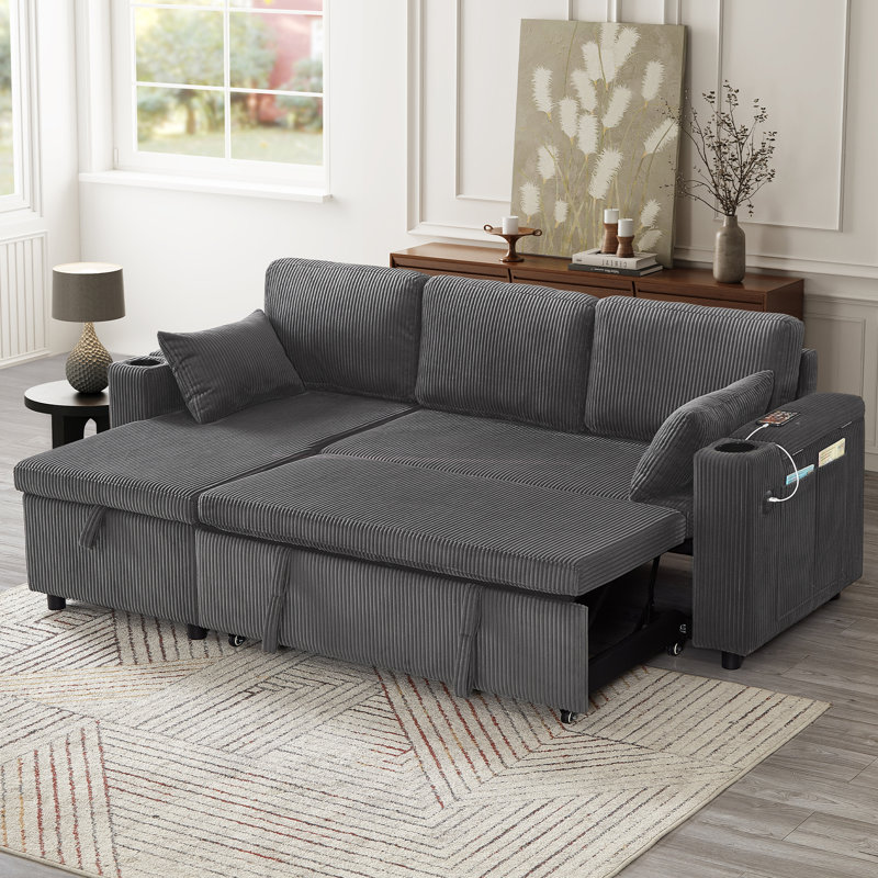 3 Seater Corduroy Sofa Bed, Grey Corduroy