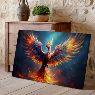 Toile, "A Majestic Phoenix Rises Dramately From Swirling Flames Its Wings", art mural tendu mettant en valeur des teintes vibrantes de feu