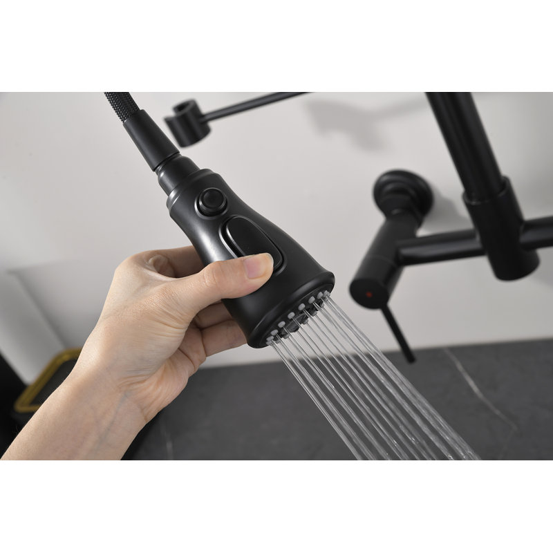Robinet de cuisine central transitionnel mural mat noir 8 pouces avec douchette extractible, Noir mat