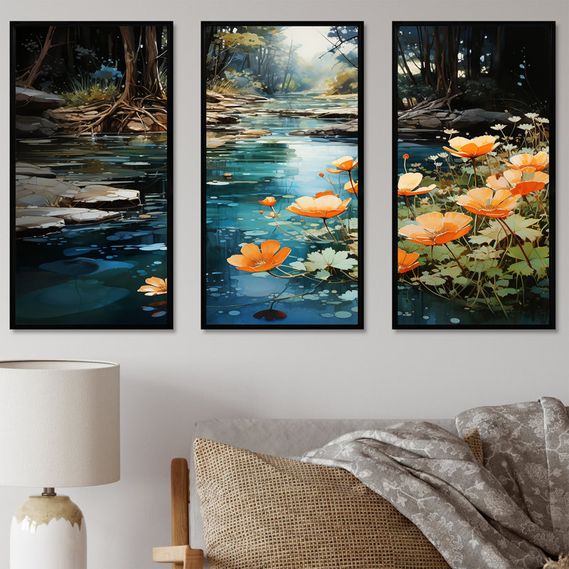 Tranquil Lakes Rivers Urban Symphony III - ensemble de reproductions d'art mural, Cadre flottant noir